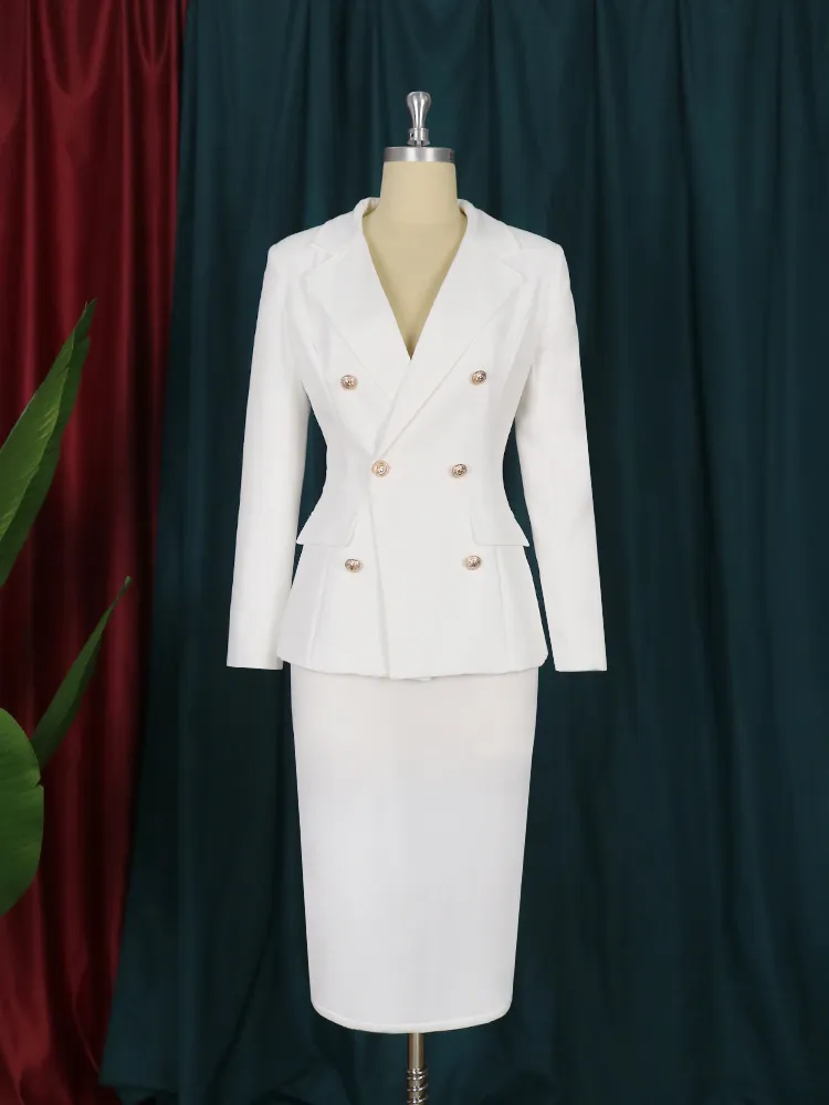 Women White Formal Business Blazer Suit Sets Elagant 6 Buttons Jacket Knee Length Skirts Wide Leg Pants Suits Casual Office Work - Image 2