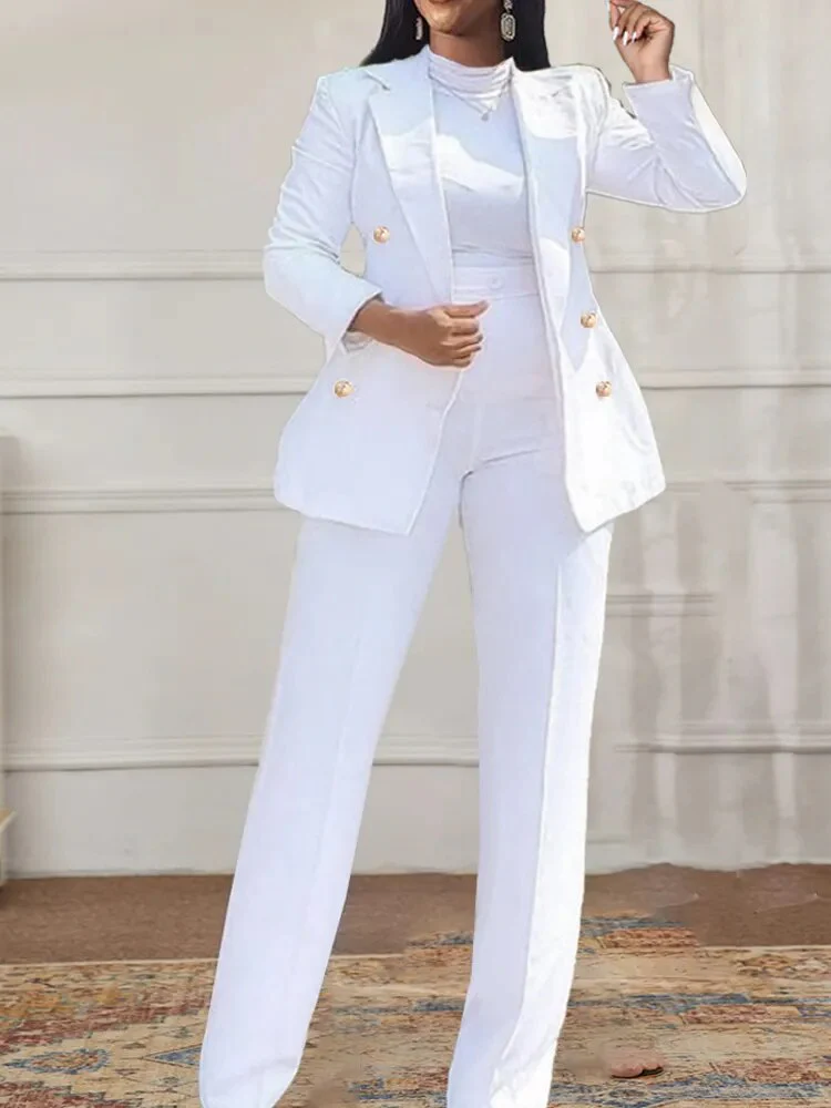 Women White Formal Business Blazer Suit Sets Elagant 6 Buttons Jacket Knee Length Skirts Wide Leg Pants Suits Casual Office Work - Image 3