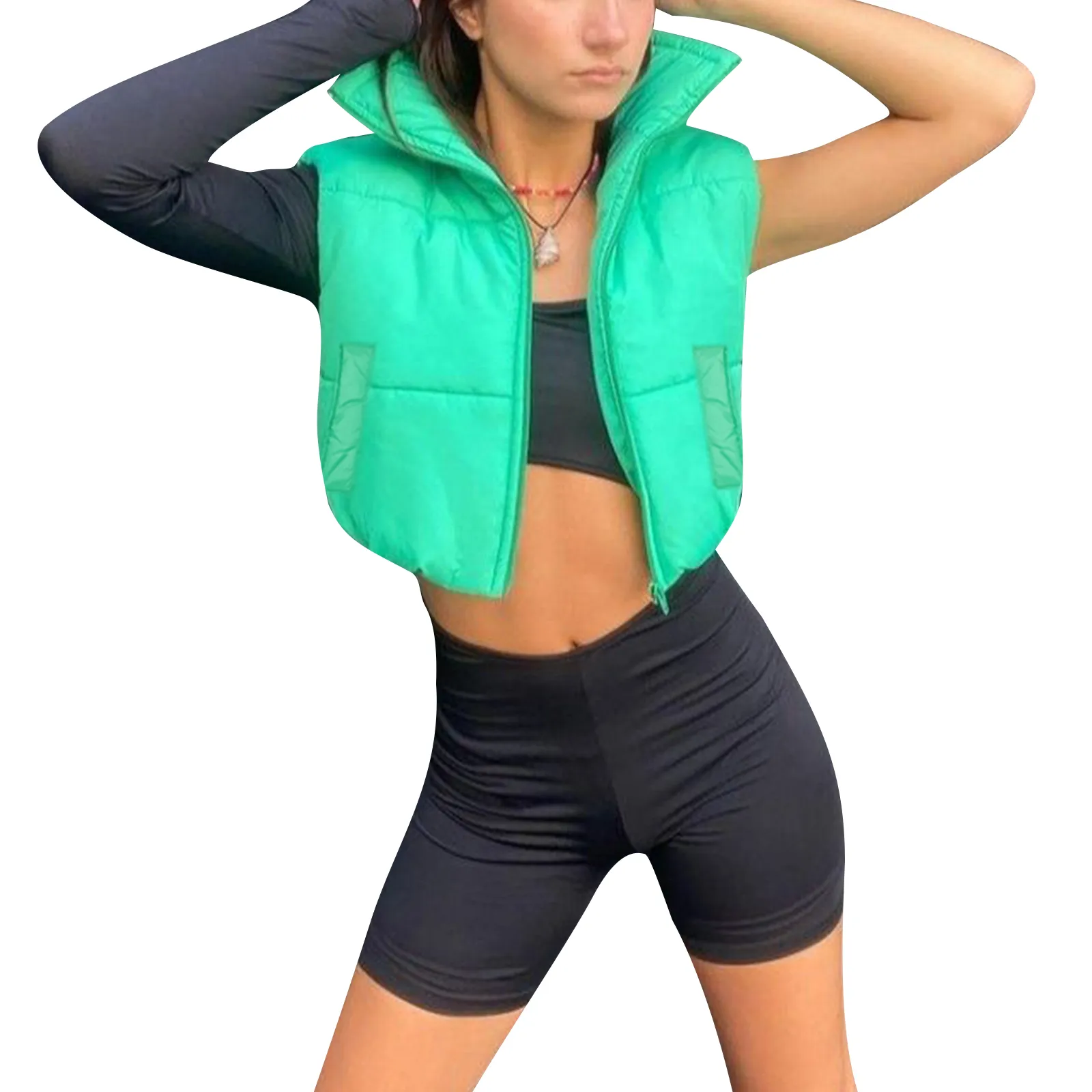 Women Winter Warm Crop Waistcoat, Sleeveless Stand Collar Double Sided Lightweight Puffer Vest - Image 12