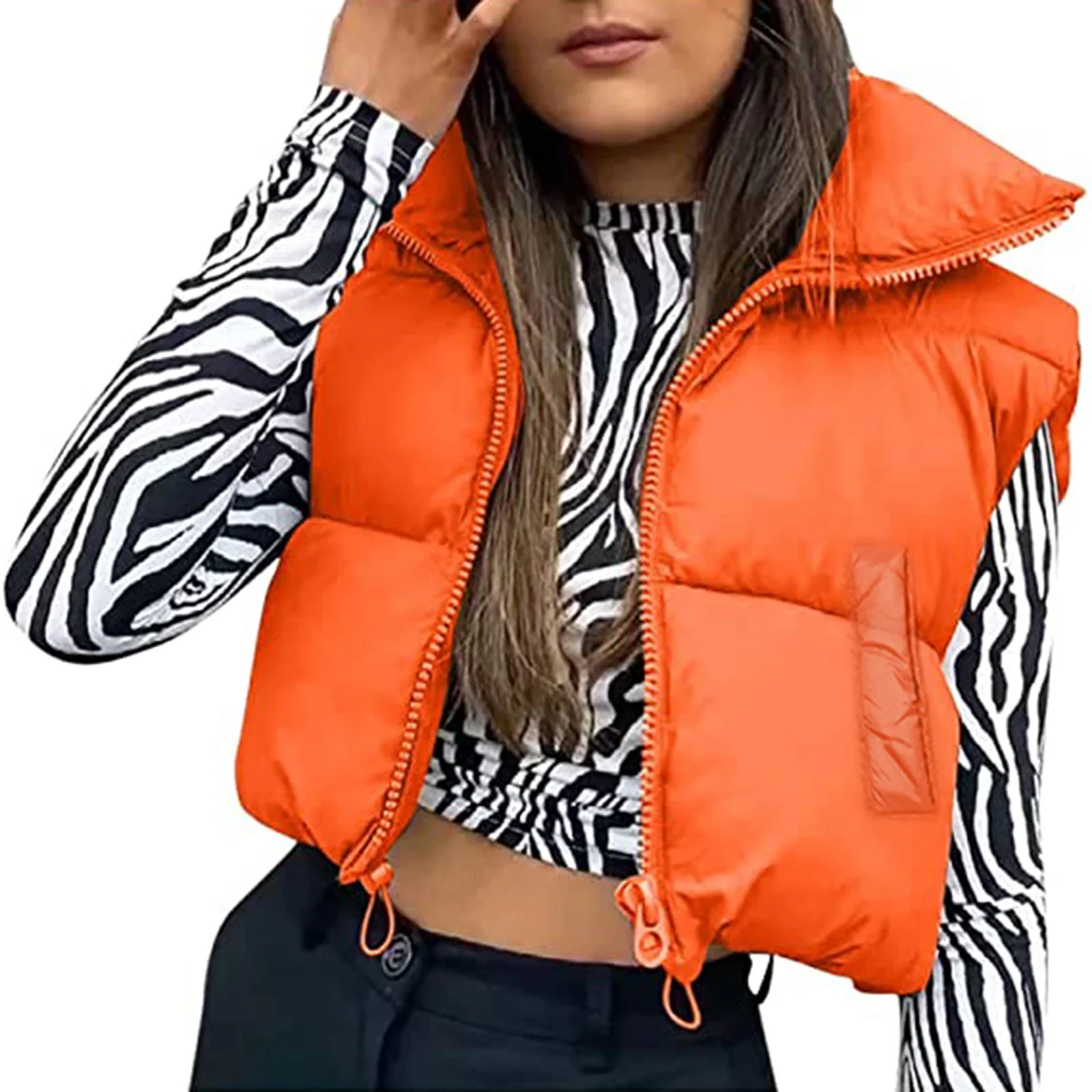 Women Winter Warm Crop Waistcoat, Sleeveless Stand Collar Double Sided Lightweight Puffer Vest - Image 13