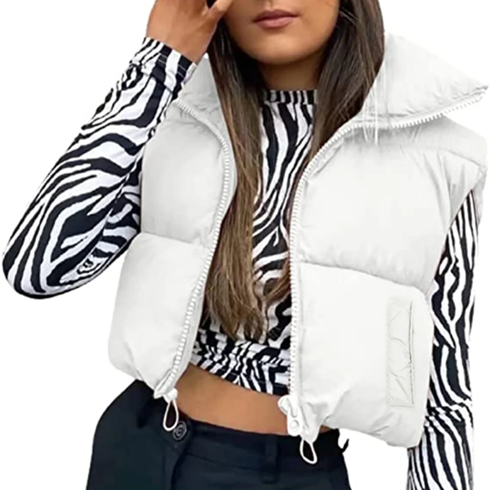 Women Winter Warm Crop Waistcoat, Sleeveless Stand Collar Double Sided Lightweight Puffer Vest - Image 14
