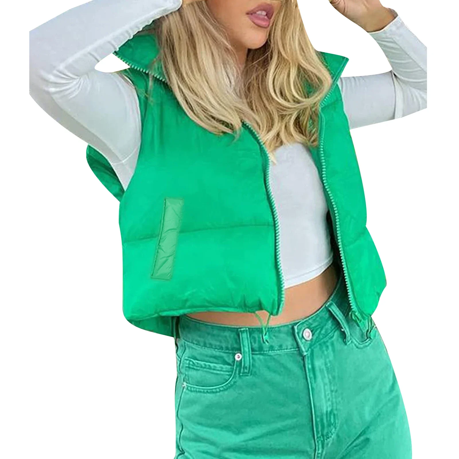 Women Winter Warm Crop Waistcoat, Sleeveless Stand Collar Double Sided Lightweight Puffer Vest - Image 15