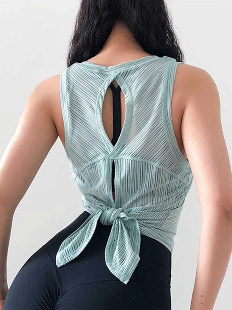 Women Workout Tank Top Sexy Open Black T-shirt Striped Crewneck Loose Tank Top Summer Streetwear Backless Translucent Vest