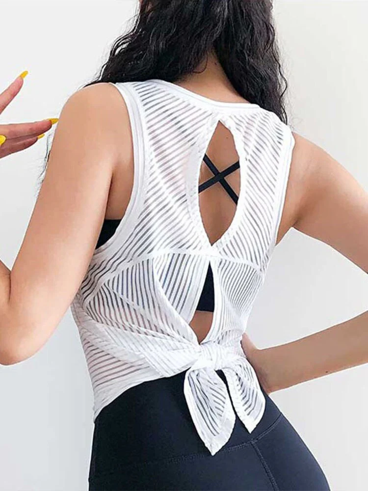 Women Workout Tank Top Sexy Open Black T-shirt Striped Crewneck Loose Tank Top Summer Streetwear Backless Translucent Vest - Image 2