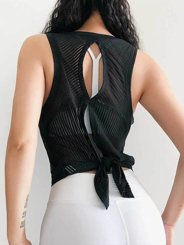 Women Workout Tank Top Sexy Open Black T-shirt Striped Crewneck Loose Tank Top Summer Streetwear Backless Translucent Vest - Image 3