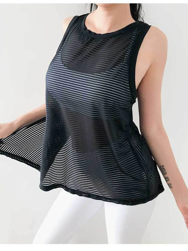 Women Workout Tank Top Sexy Open Black T-shirt Striped Crewneck Loose Tank Top Summer Streetwear Backless Translucent Vest - Image 5