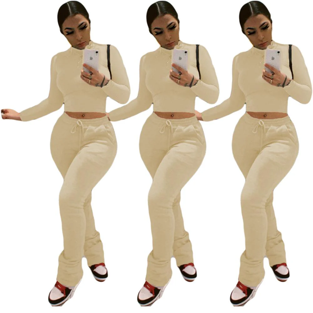 Sexy Women Workout Two Piece Set Casual Solid Long Sleeve Crop Tops T-Shirt Leggings - Image 13