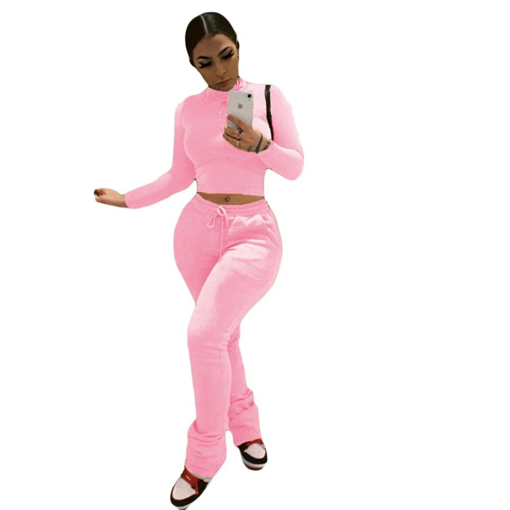 Sexy Women Workout Two Piece Set Casual Solid Long Sleeve Crop Tops T-Shirt Leggings - Image 2