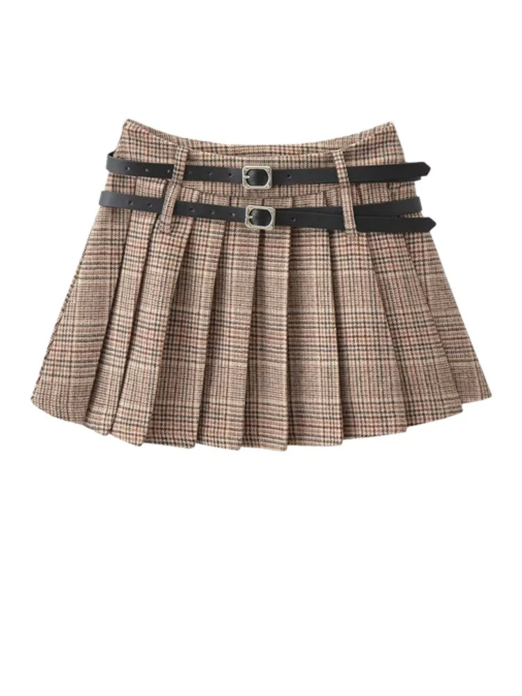WOMENGAGA Preppy Style High Waist Slim Double Belt Slip Plaid Pleated Skirt Fashion Sexy Korean Women JK Skirts Sweet X8WN - Image 3