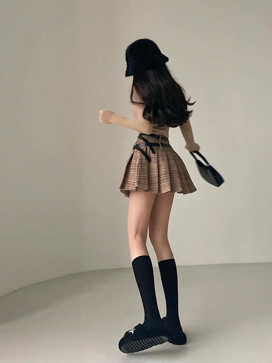 WOMENGAGA Preppy Style High Waist Slim Double Belt Slip Plaid Pleated Skirt Fashion Sexy Korean Women JK Skirts Sweet X8WN - Image 6