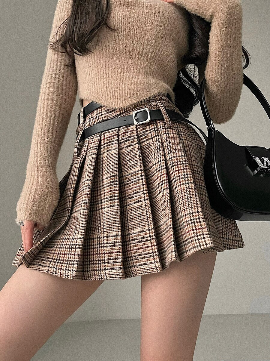 WOMENGAGA Preppy Style High Waist Slim Double Belt Slip Plaid Pleated Skirt Fashion Sexy Korean Women JK Skirts Sweet X8WN - Image 7