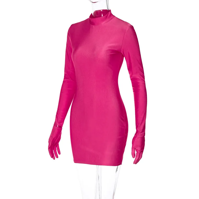 Women's 2023 Autumn Red Mini Dresses Turtleneck Long Sleeve Gloves Sexy Hip Wrap Dress Fall Christmas New Year Partywear - Image 6