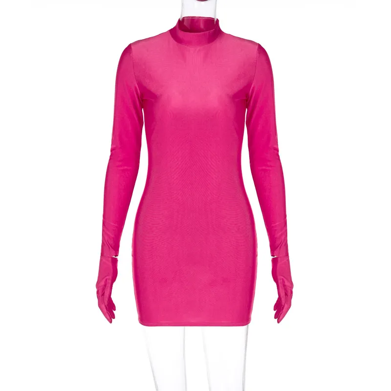 Women's 2023 Autumn Red Mini Dresses Turtleneck Long Sleeve Gloves Sexy Hip Wrap Dress Fall Christmas New Year Partywear - Image 7