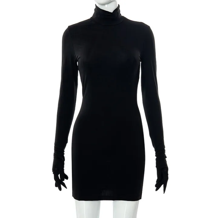 Women's 2023 Autumn Red Mini Dresses Turtleneck Long Sleeve Gloves Sexy Hip Wrap Dress Fall Christmas New Year Partywear - Image 8