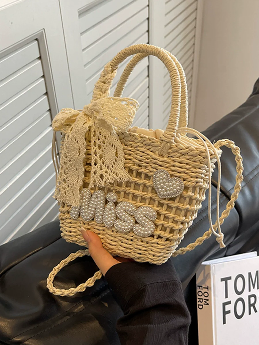 Women's Bag Vacation Style Lace Satchel Straw Woven Bag - Image 3