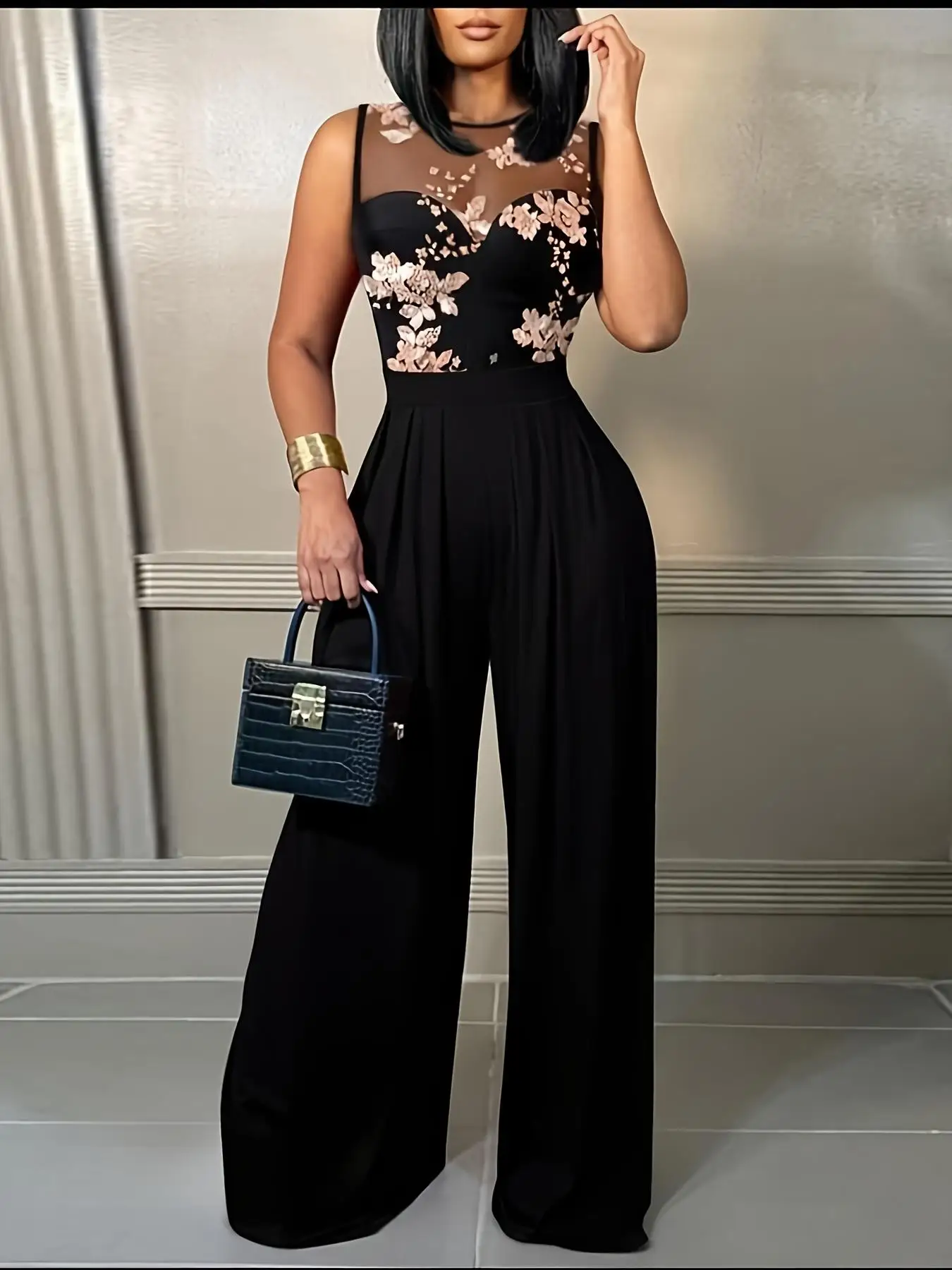 Women's Black Jumpsuit with Sheer Floral Embroidered Top Wide Leg Design Ideal for Evening Galas Cocktail Parties Formal Events - Image 6