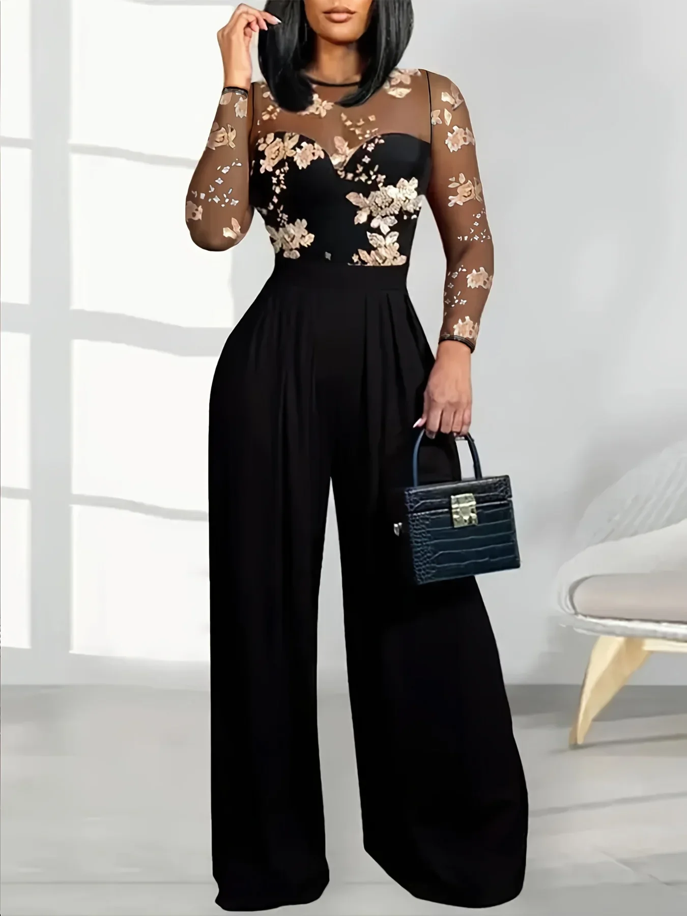 Women's Black Jumpsuit with Sheer Floral Embroidered Top Wide Leg Design Ideal for Evening Galas Cocktail Parties Formal Events - Image 7