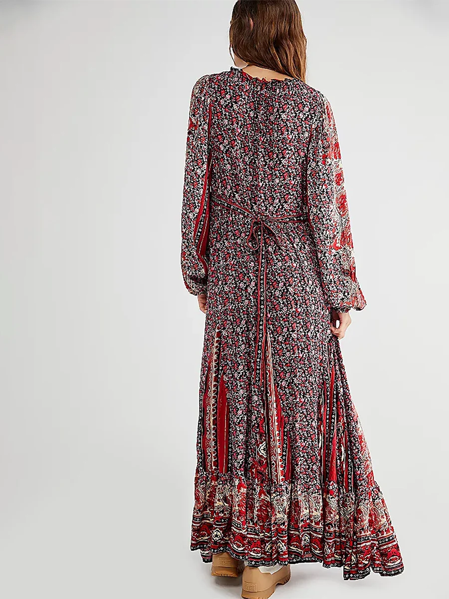 Women's Boho Long Dress Summer Holiday Drawstring Neckline Floral Print Big Swing A-Line Dress Bohemian Waist Tie Party Dresses - Image 2