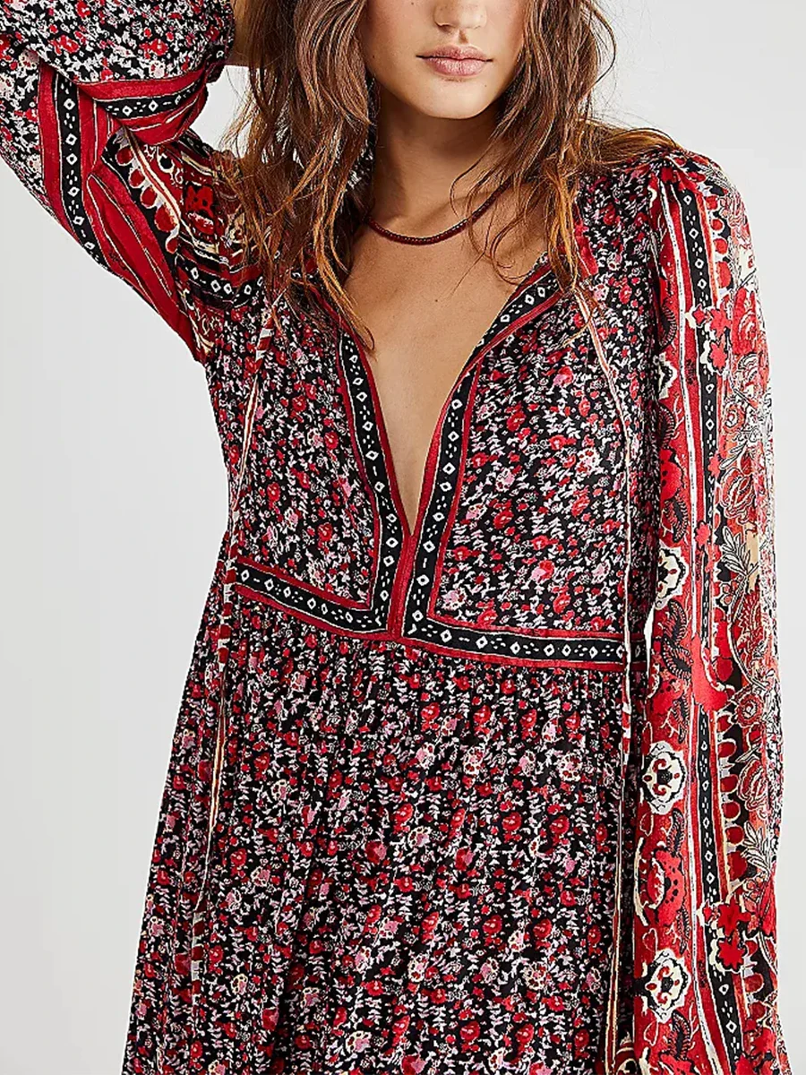 Women's Boho Long Dress Summer Holiday Drawstring Neckline Floral Print Big Swing A-Line Dress Bohemian Waist Tie Party Dresses - Image 3