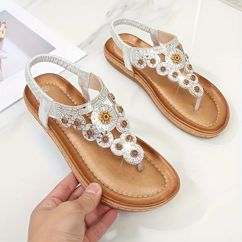 Women's Boho Style Flat Sandals, Flower Rhinestone Elastic Strap Slip On Shoes, Summer Beach Thong Sandals - Image 10