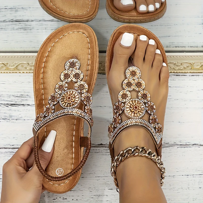 Women's Boho Style Flat Sandals, Flower Rhinestone Elastic Strap Slip On Shoes, Summer Beach Thong Sandals - Image 3