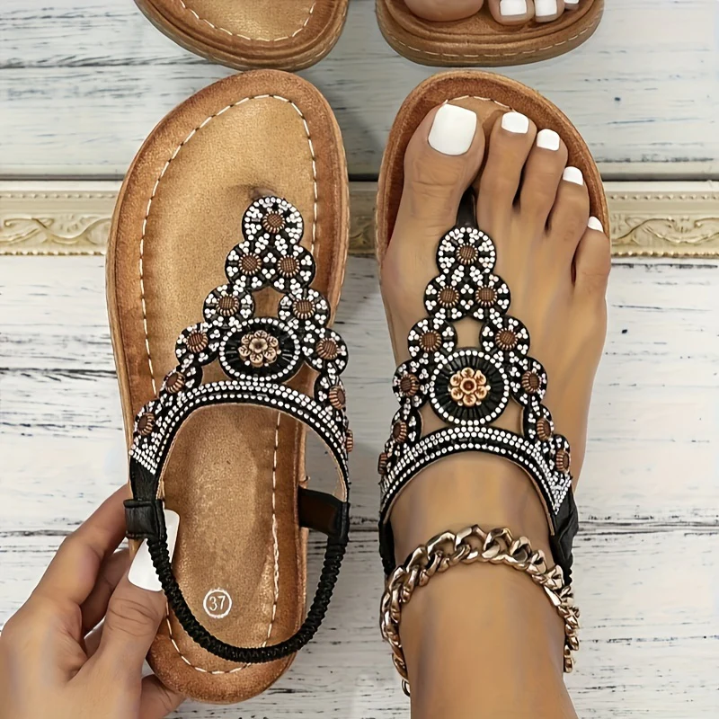 Women's Boho Style Flat Sandals, Flower Rhinestone Elastic Strap Slip On Shoes, Summer Beach Thong Sandals - Image 4