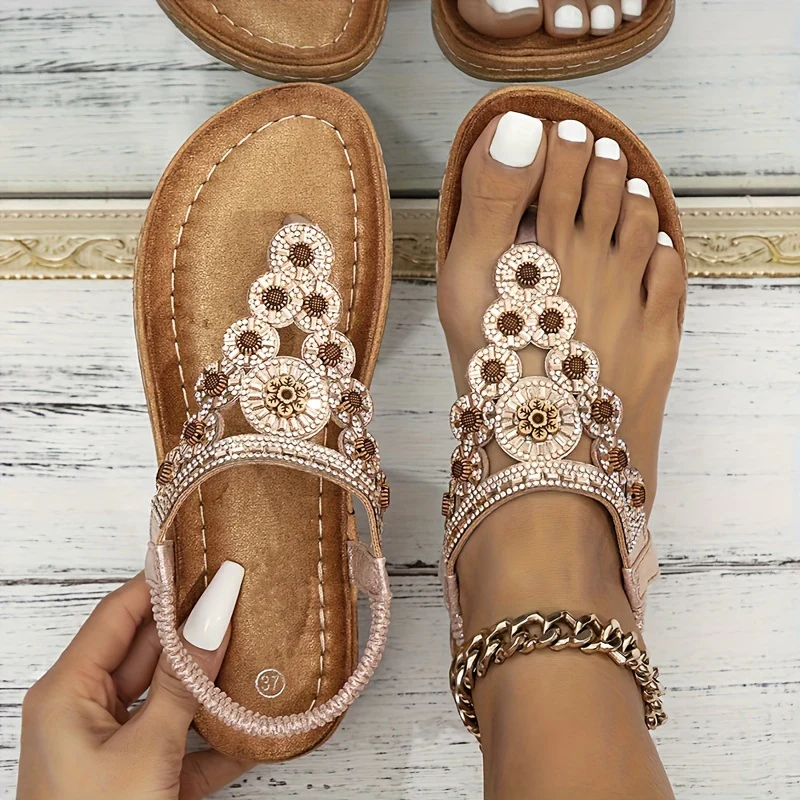Women's Boho Style Flat Sandals, Flower Rhinestone Elastic Strap Slip On Shoes, Summer Beach Thong Sandals - Image 8