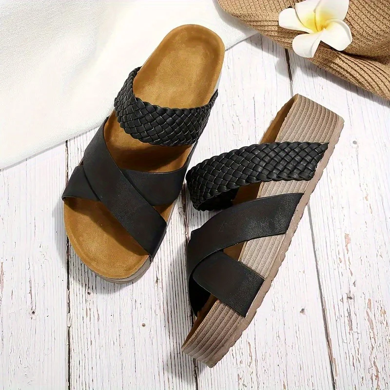 Women's Braided Cross Strap Platform Slides - Comfy Open Toe Sandals for Casual Summer Beach Outings, Breezy Outdoor Wear - Image 21