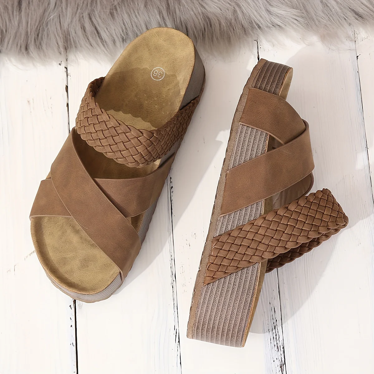 Women's Braided Cross Strap Platform Slides - Comfy Open Toe Sandals for Casual Summer Beach Outings, Breezy Outdoor Wear - Image 4