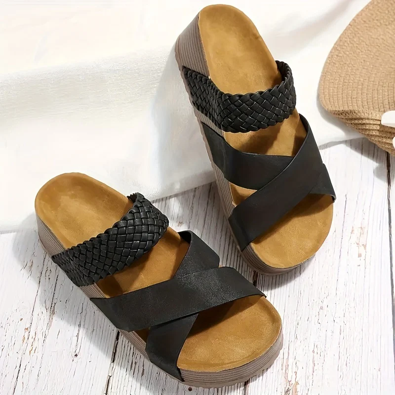Women's Braided Cross Strap Platform Slides - Comfy Open Toe Sandals for Casual Summer Beach Outings, Breezy Outdoor Wear - Image 6