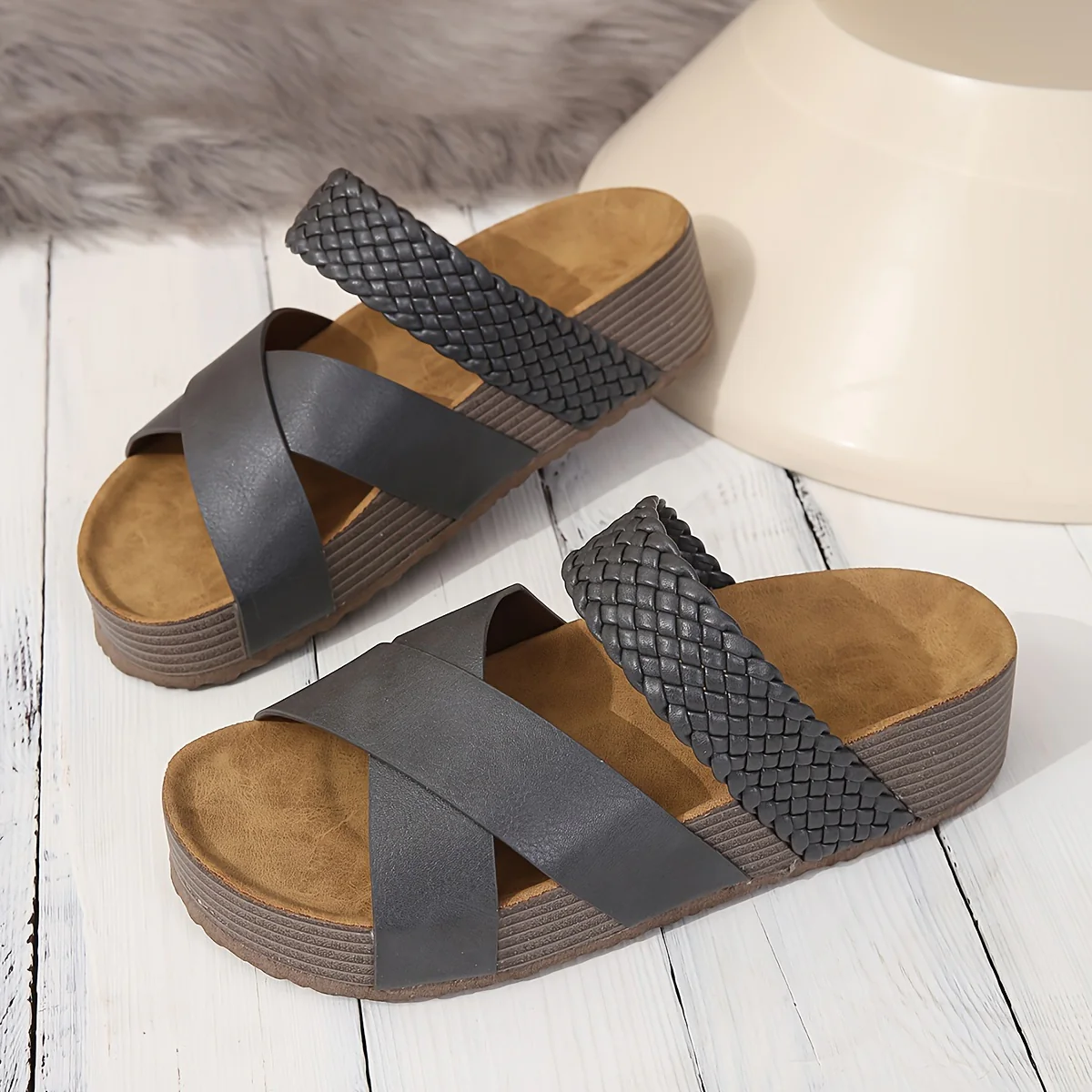 Women's Braided Cross Strap Platform Slides - Comfy Open Toe Sandals for Casual Summer Beach Outings, Breezy Outdoor Wear - Image 9
