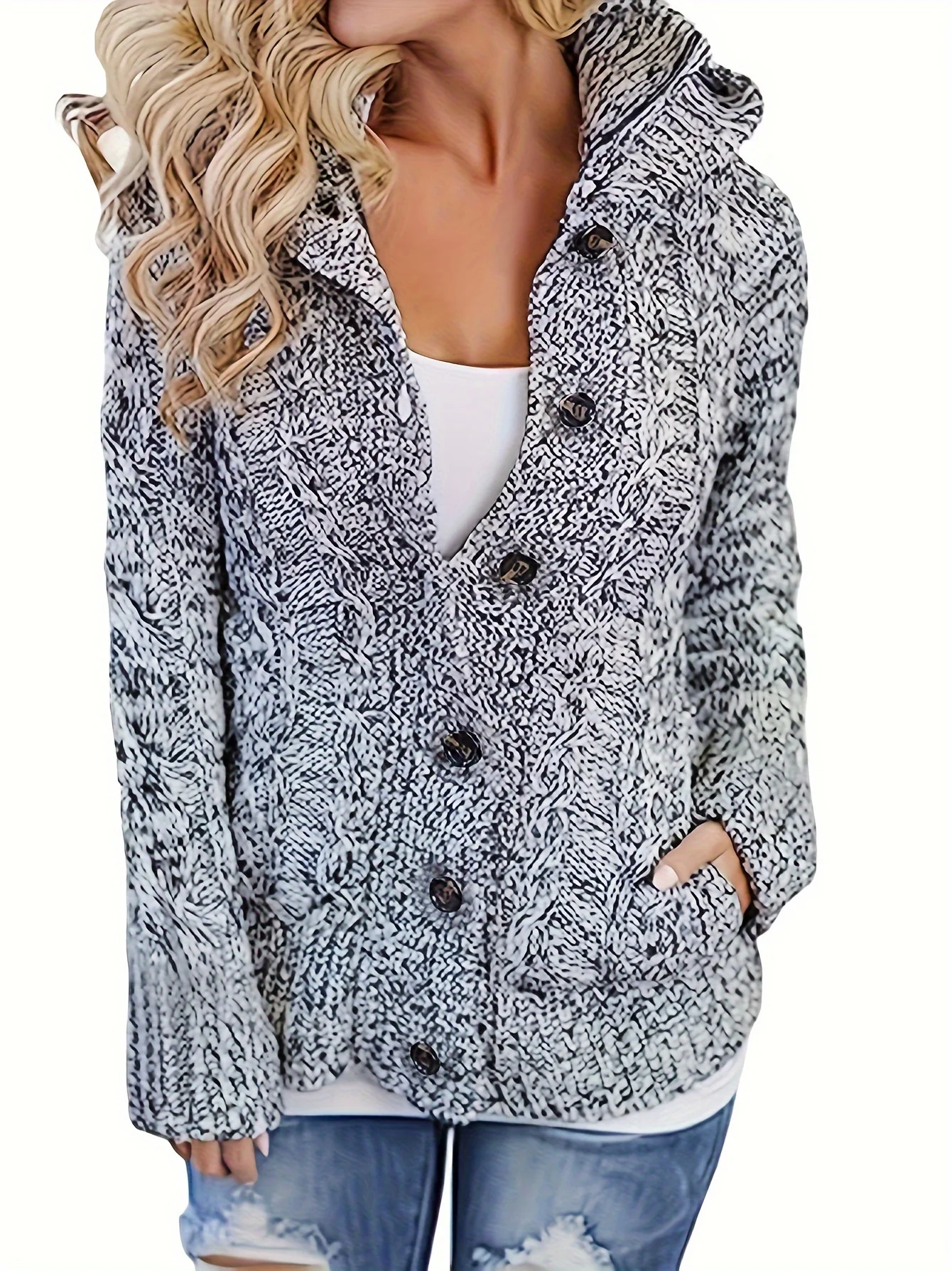 Women's Cable Knit Hooded Cardigan with Buttons and Pockets - Cozy Long Sleeve Sweater Coat for Casual Wear - Image 3