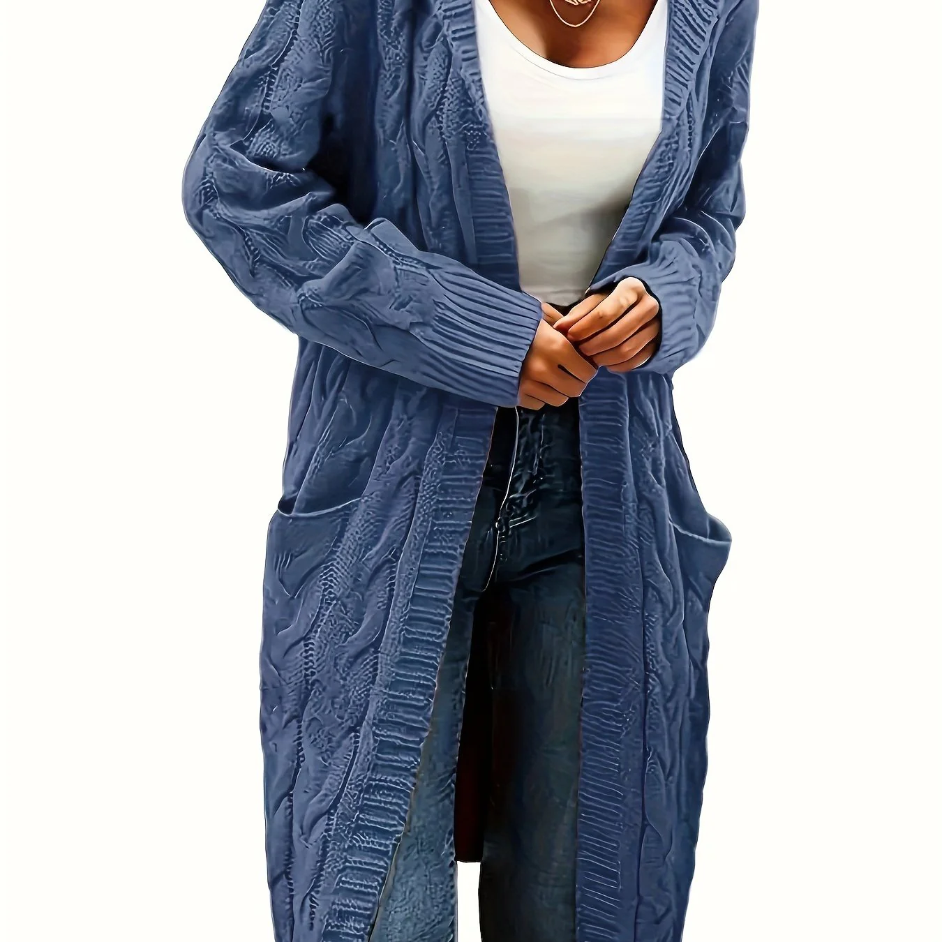 Women's Casual Long Hooded Knit Cardigan with Cable Knit Pattern, Front Pockets - Cozy Acrylic Sweater Coat for Fall/Winter, Machine Washable, Winter Layering|Open Front Cardigan|Buttonless Cardigan - Image 13