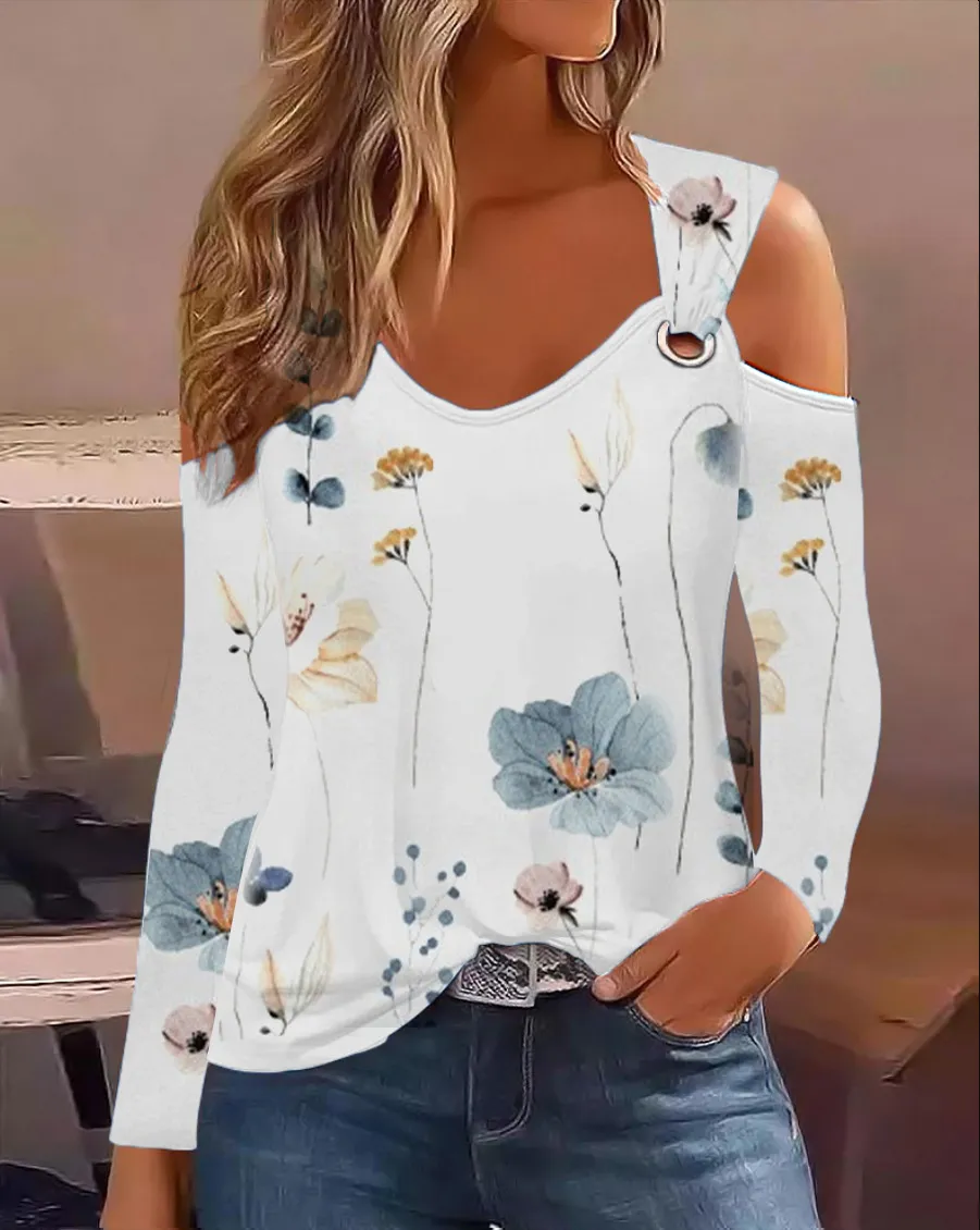 Women's Casual Loose And Minimalist Printed Metal Buckle V-neck Long Sleeved Shirt Tops 2023 Sexy Off Shoulder Blouse Mujer - Image 10