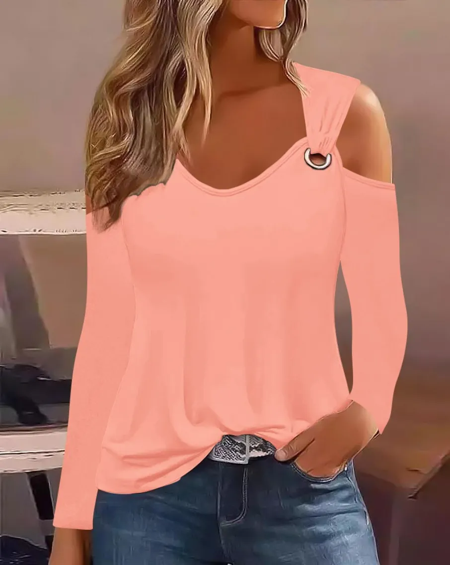 Women's Casual Loose And Minimalist Printed Metal Buckle V-neck Long Sleeved Shirt Tops 2023 Sexy Off Shoulder Blouse Mujer - Image 11