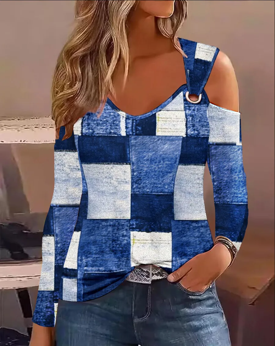 Women's Casual Loose And Minimalist Printed Metal Buckle V-neck Long Sleeved Shirt Tops 2023 Sexy Off Shoulder Blouse Mujer - Image 12