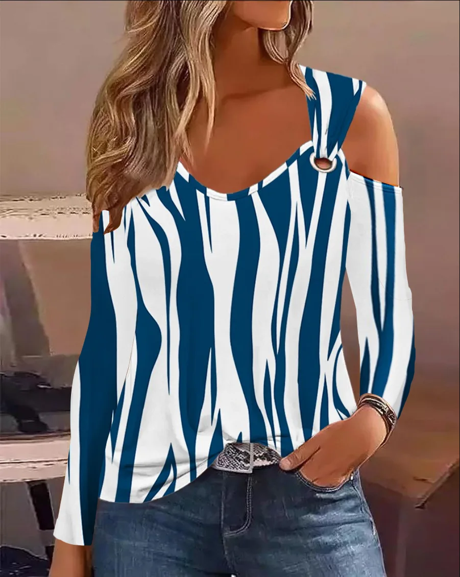 Women's Casual Loose And Minimalist Printed Metal Buckle V-neck Long Sleeved Shirt Tops 2023 Sexy Off Shoulder Blouse Mujer - Image 13