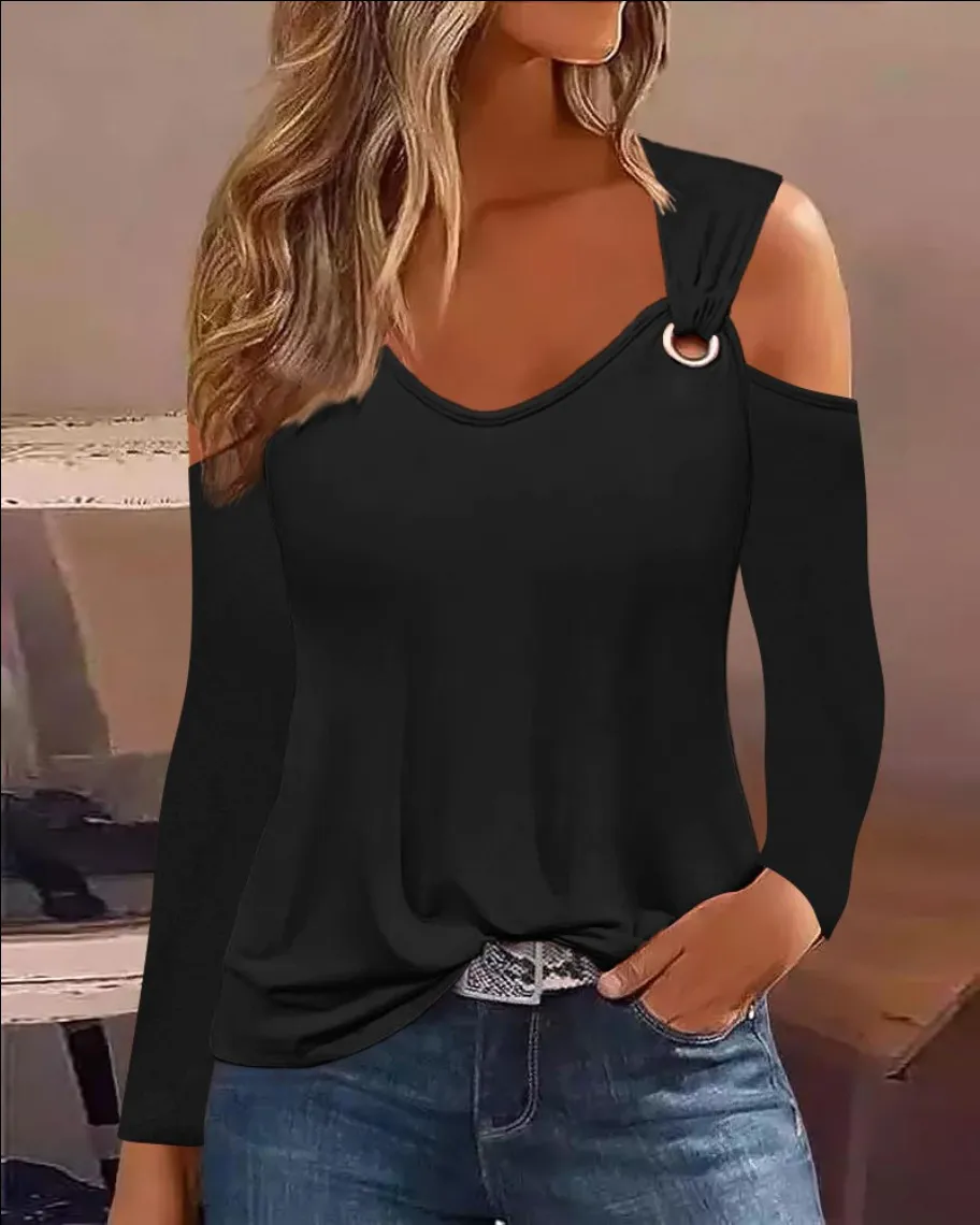 Women's Casual Loose And Minimalist Printed Metal Buckle V-neck Long Sleeved Shirt Tops 2023 Sexy Off Shoulder Blouse Mujer - Image 14