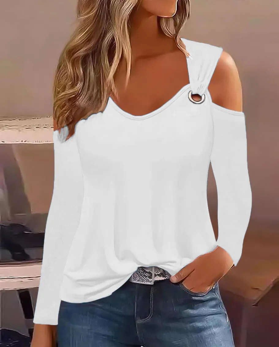 Women's Casual Loose And Minimalist Printed Metal Buckle V-neck Long Sleeved Shirt Tops 2023 Sexy Off Shoulder Blouse Mujer - Image 15