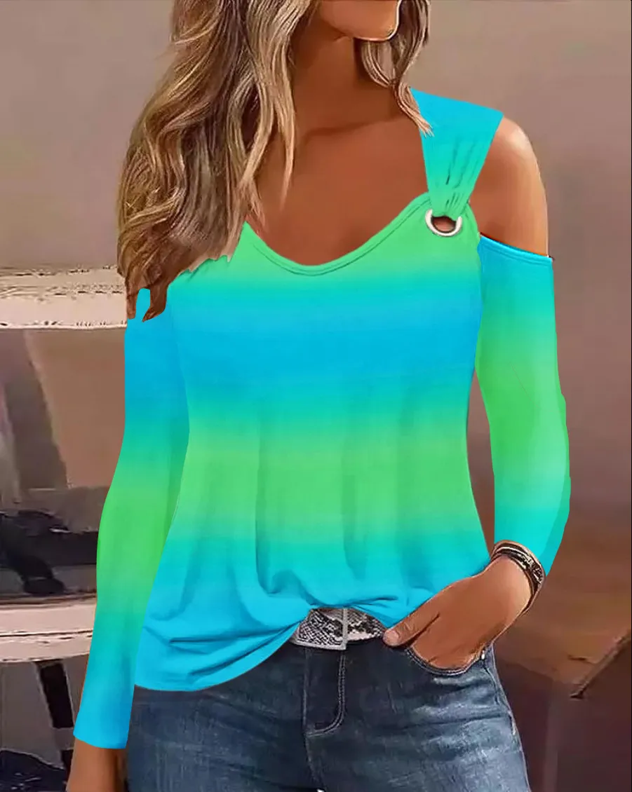 Women's Casual Loose And Minimalist Printed Metal Buckle V-neck Long Sleeved Shirt Tops 2023 Sexy Off Shoulder Blouse Mujer - Image 7
