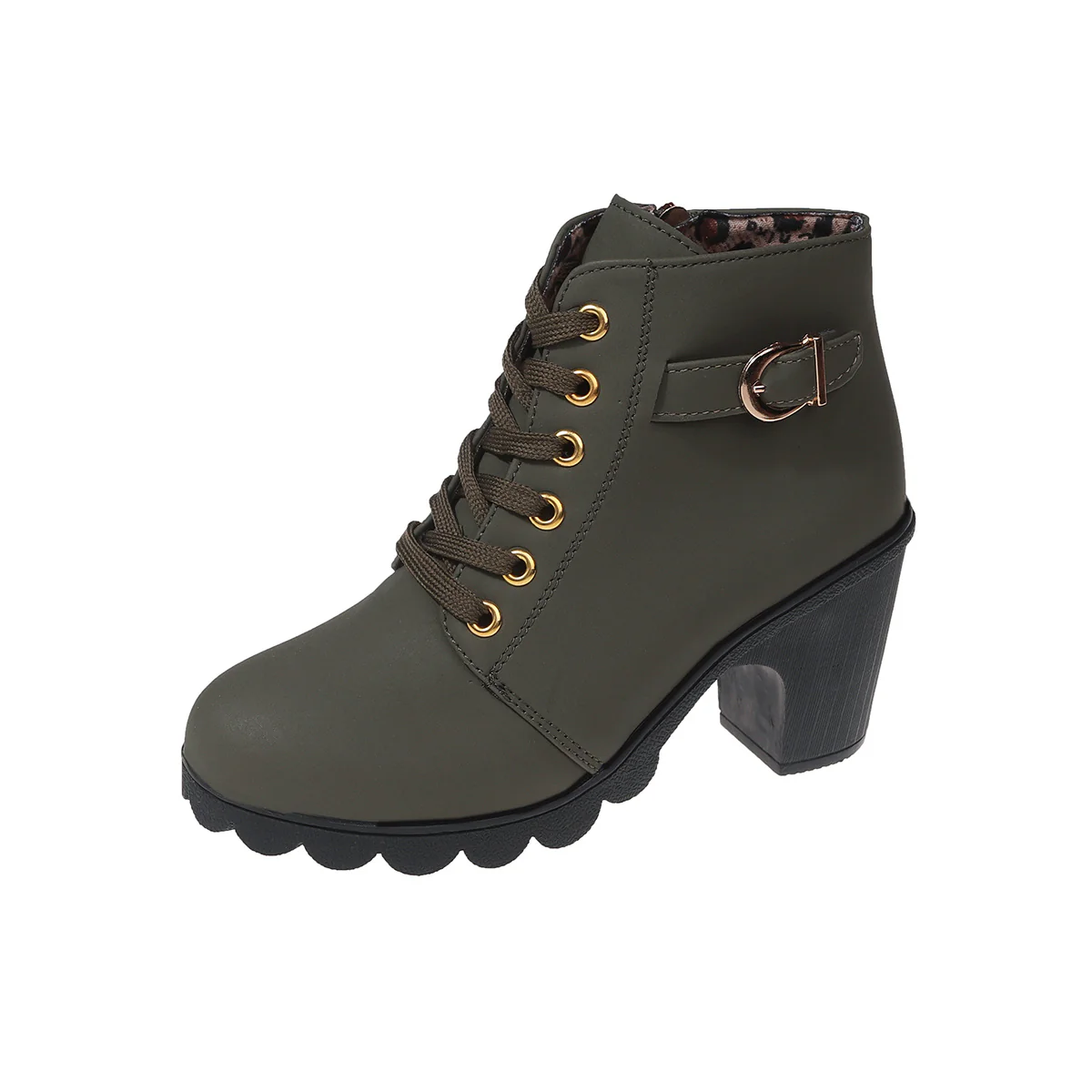 Women's Chunky Heel Ankle Boots - Black Faux Cover Lace-Up Side Zipper Booties with Golden Accents, Cap Toe & Comfortable Block Heel for Casual Outings - Image 12