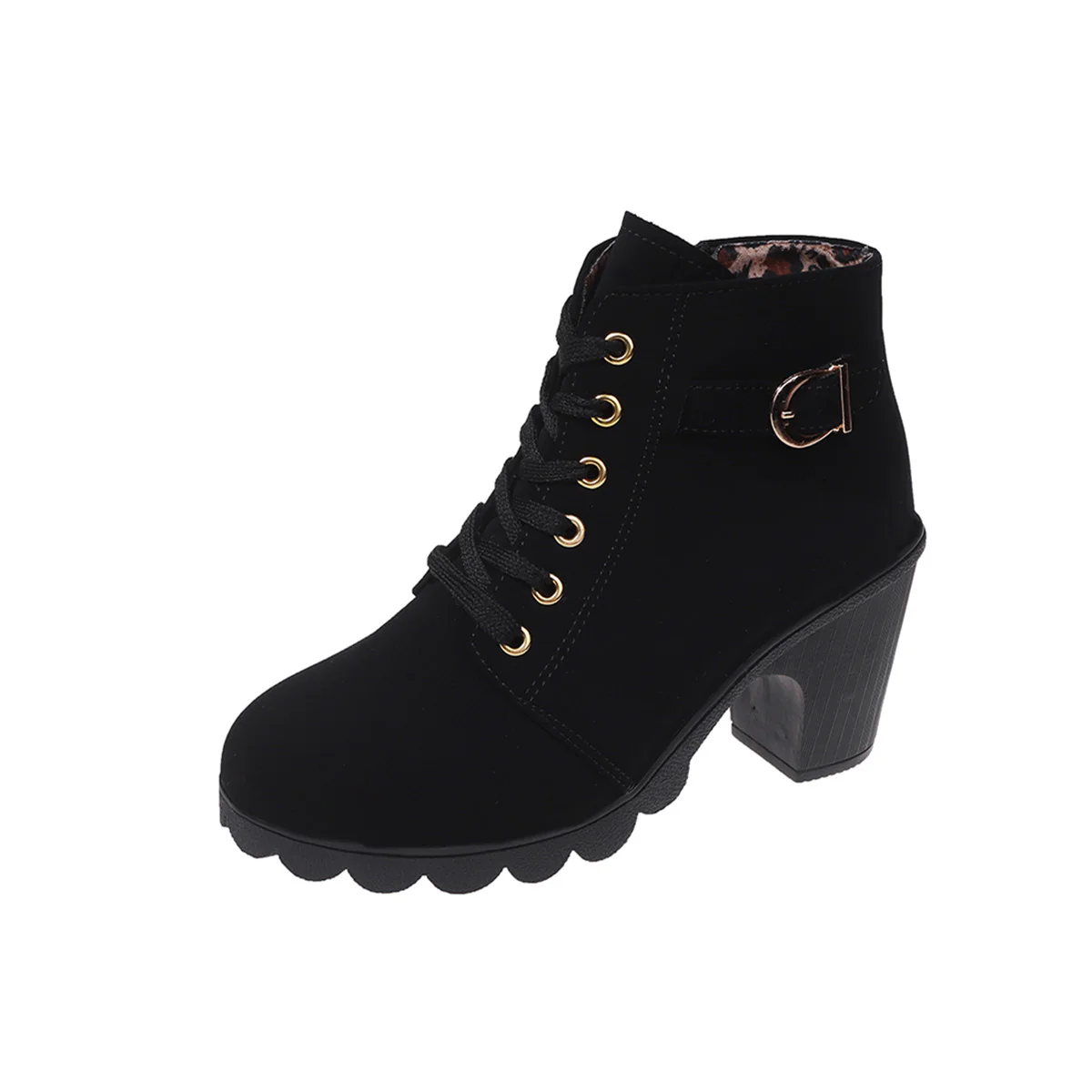 Women's Chunky Heel Ankle Boots - Black Faux Cover Lace-Up Side Zipper Booties with Golden Accents, Cap Toe & Comfortable Block Heel for Casual Outings - Image 20
