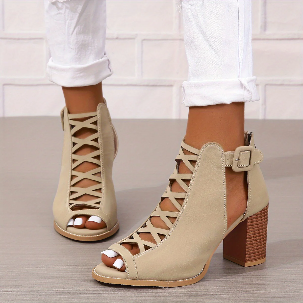Women's Chunky Heeled Sandals, Peep Toe Cut-out Buckle Strap Stacked Heels, Retro High Heels - Image 30