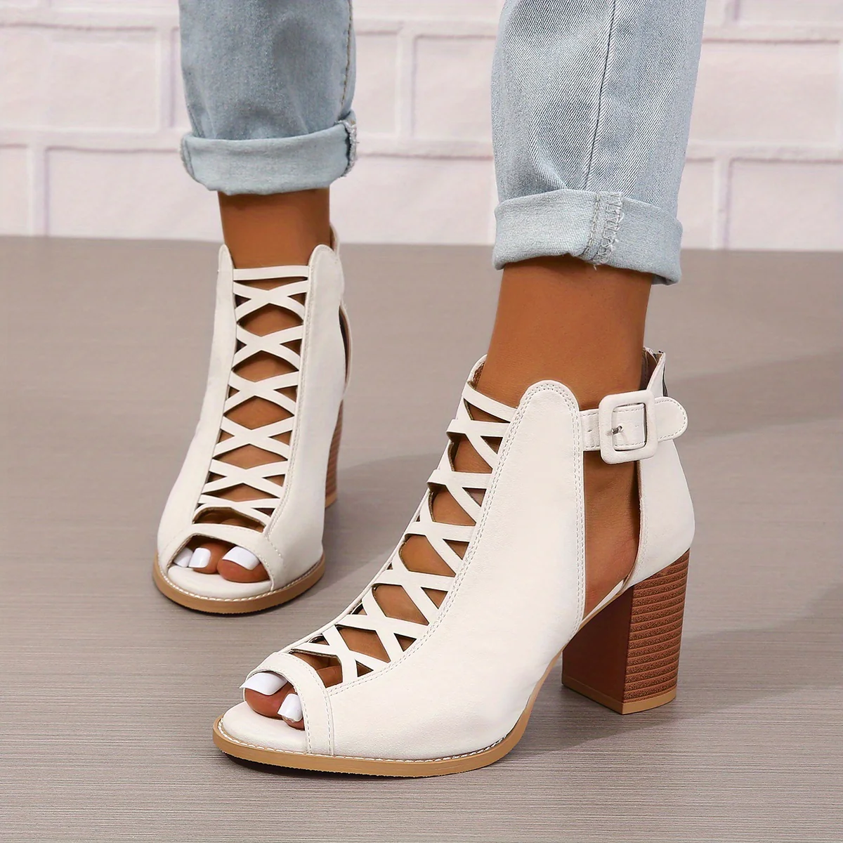 Women's Chunky Heeled Sandals, Peep Toe Cut-out Buckle Strap Stacked Heels, Retro High Heels - Image 35