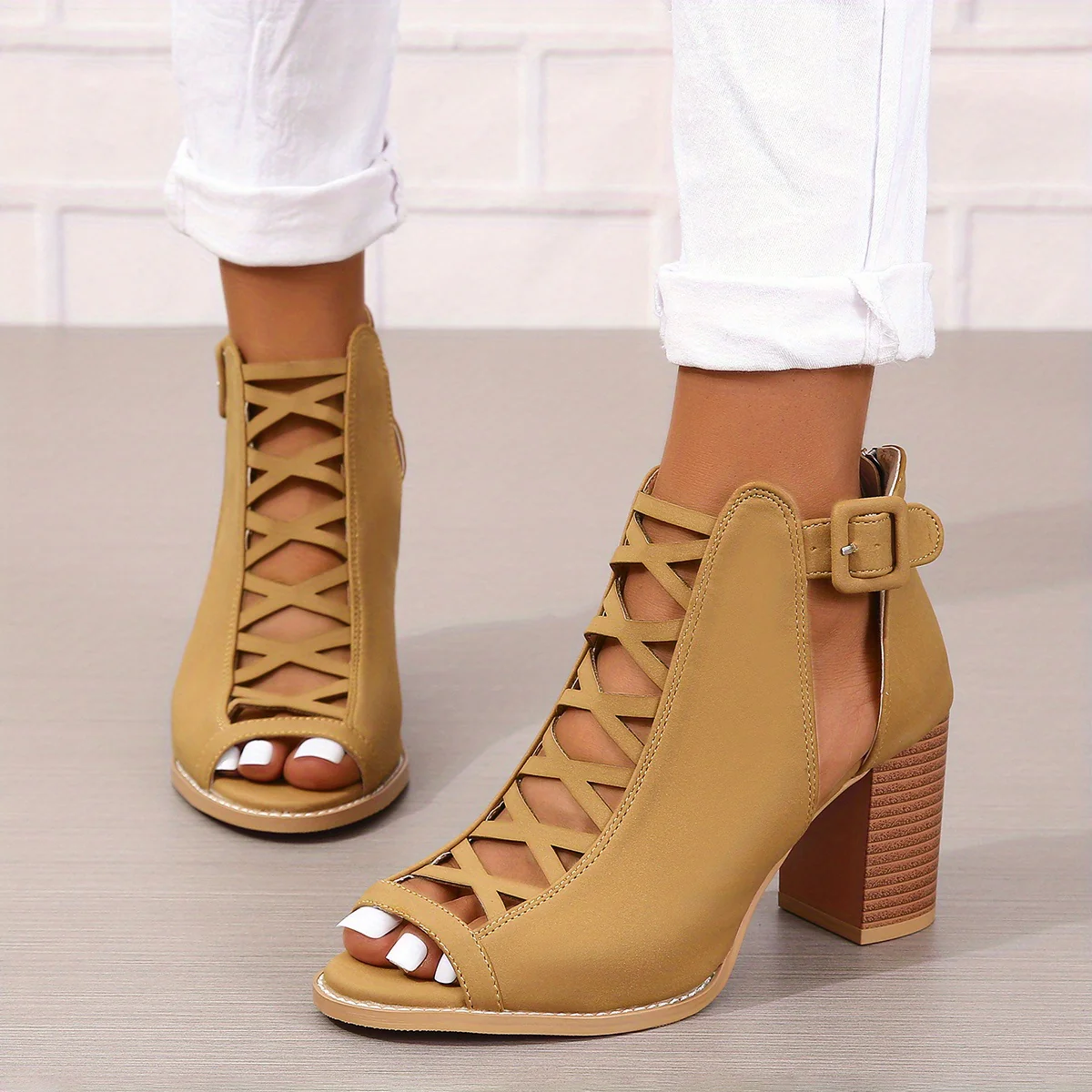 Women's Chunky Heeled Sandals, Peep Toe Cut-out Buckle Strap Stacked Heels, Retro High Heels - Image 43