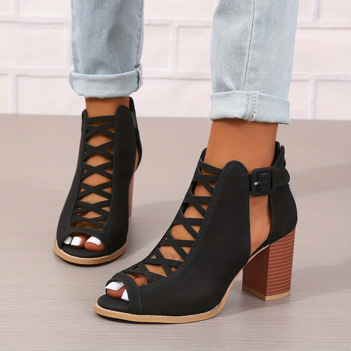Women's Chunky Heeled Sandals, Peep Toe Cut-out Buckle Strap Stacked Heels, Retro High Heels - Image 50