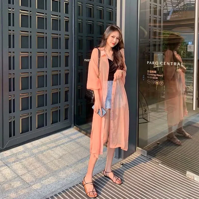 Women's Clothing Shirts and Blouses New Cardigan Women's Thin Coat Sunscreen Mid-length Beach Top Chiffon Shirts for Women - Image 3