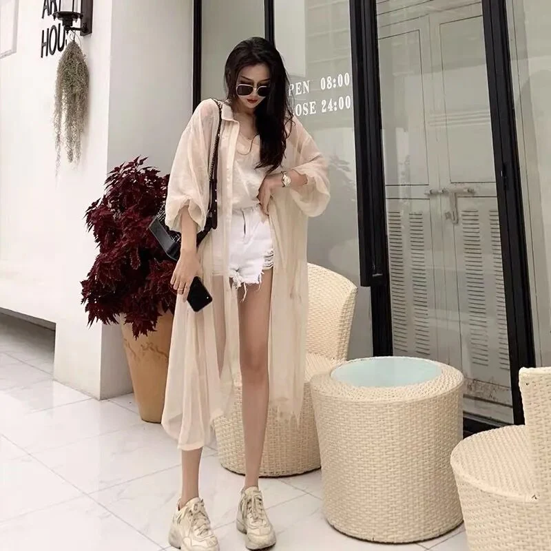 Women's Clothing Shirts and Blouses New Cardigan Women's Thin Coat Sunscreen Mid-length Beach Top Chiffon Shirts for Women - Image 4