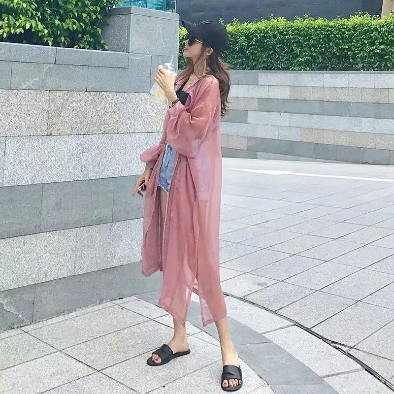 Women's Clothing Shirts and Blouses New Cardigan Women's Thin Coat Sunscreen Mid-length Beach Top Chiffon Shirts for Women - Image 6