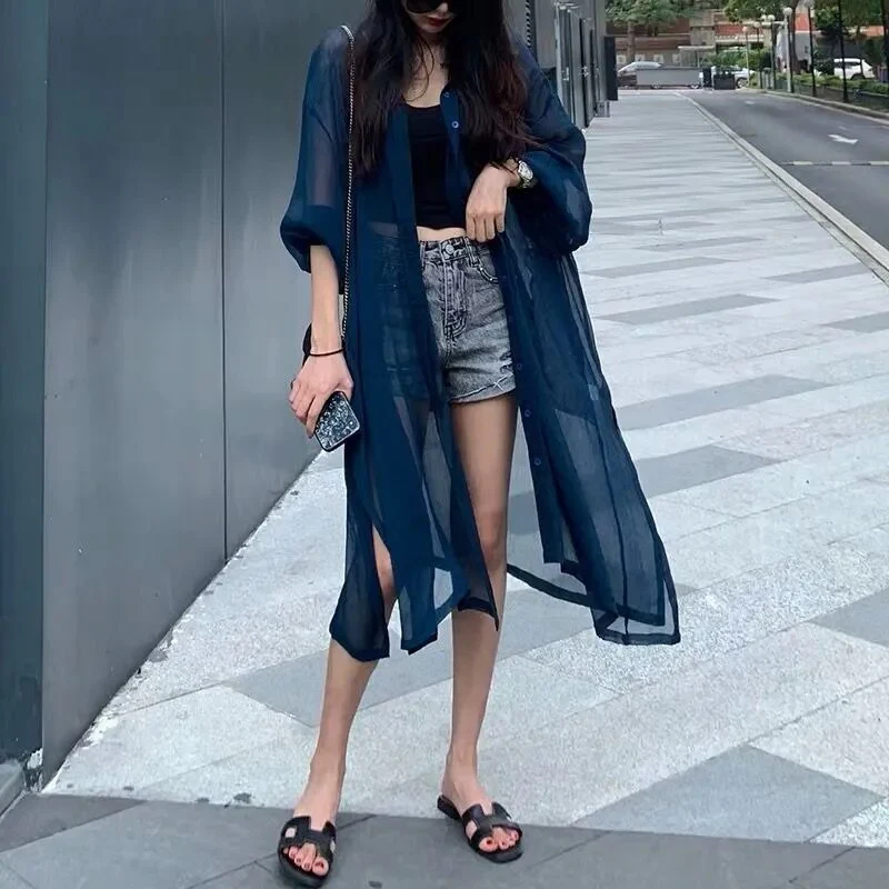 Women's Clothing Shirts and Blouses New Cardigan Women's Thin Coat Sunscreen Mid-length Beach Top Chiffon Shirts for Women - Image 9